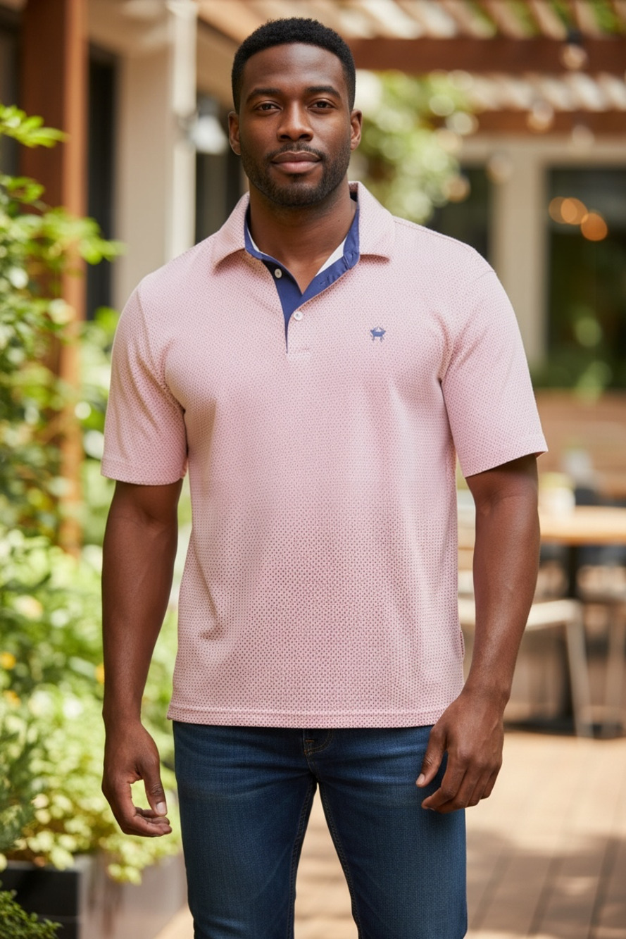 J. Parker Ltd. Savannah Men's Pink and Navy Geometric Print Polo Shirt Crab Logo